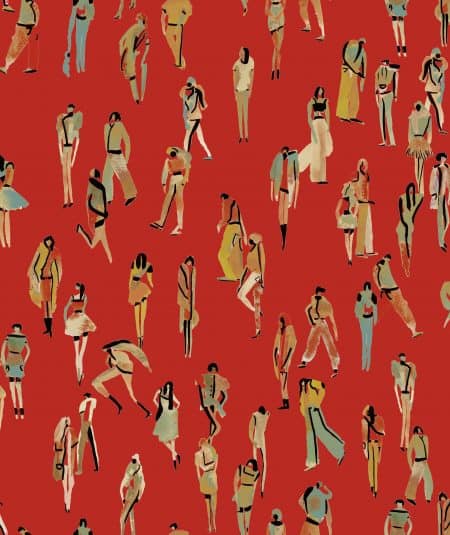 Papier peint Empire avec silhouettes de personnes dans un style moderne, couleurs vives sur fond rou.