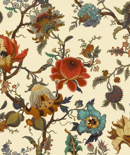 Papier peint Artemis, style floral vintage, parfait pour une décoration chaleureuse dans votre salon.