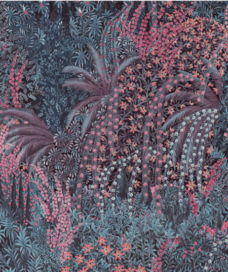 Tapisserie Cascade de style jungle avec motifs floraux colorés pour salon ou chambre.