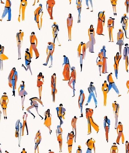 Personnes dans une foule urbaine, papier peint Empire, style moderne, couleurs chaudes et vives.