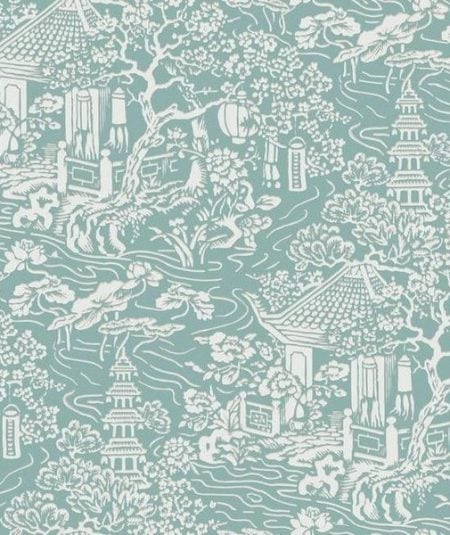 Papier peint Chinoiserie Empire, style asiatique en vert pâle, parfait pour une décoration élégante.