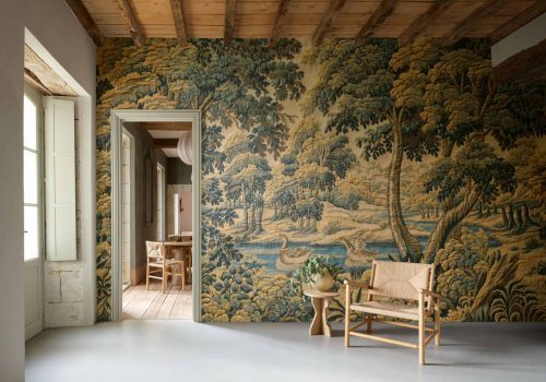 Papier peint panoramique bucolique vert forêt pour salon ou chambre, Empire Wallpaper, style naturel.